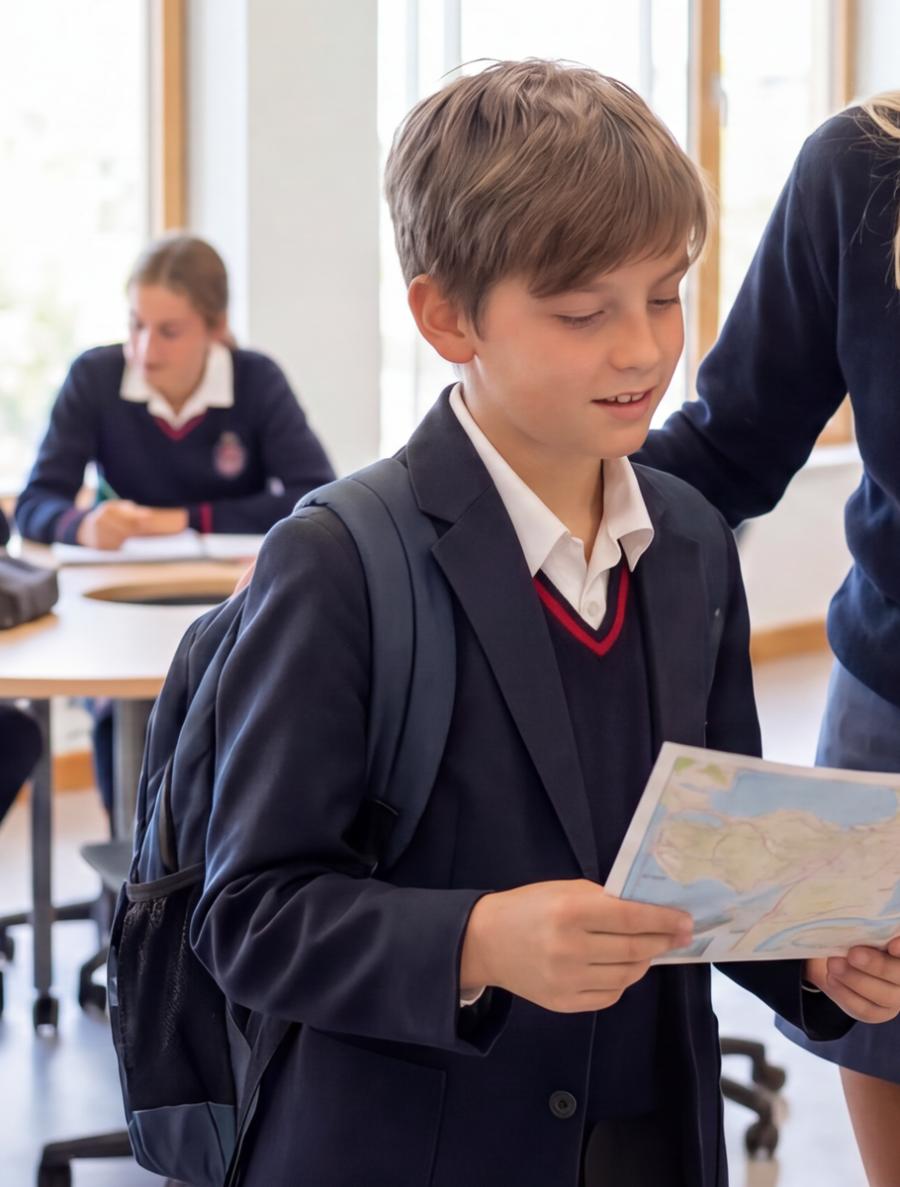 Middle School pupil raising her hand in class at King's College, Alicante