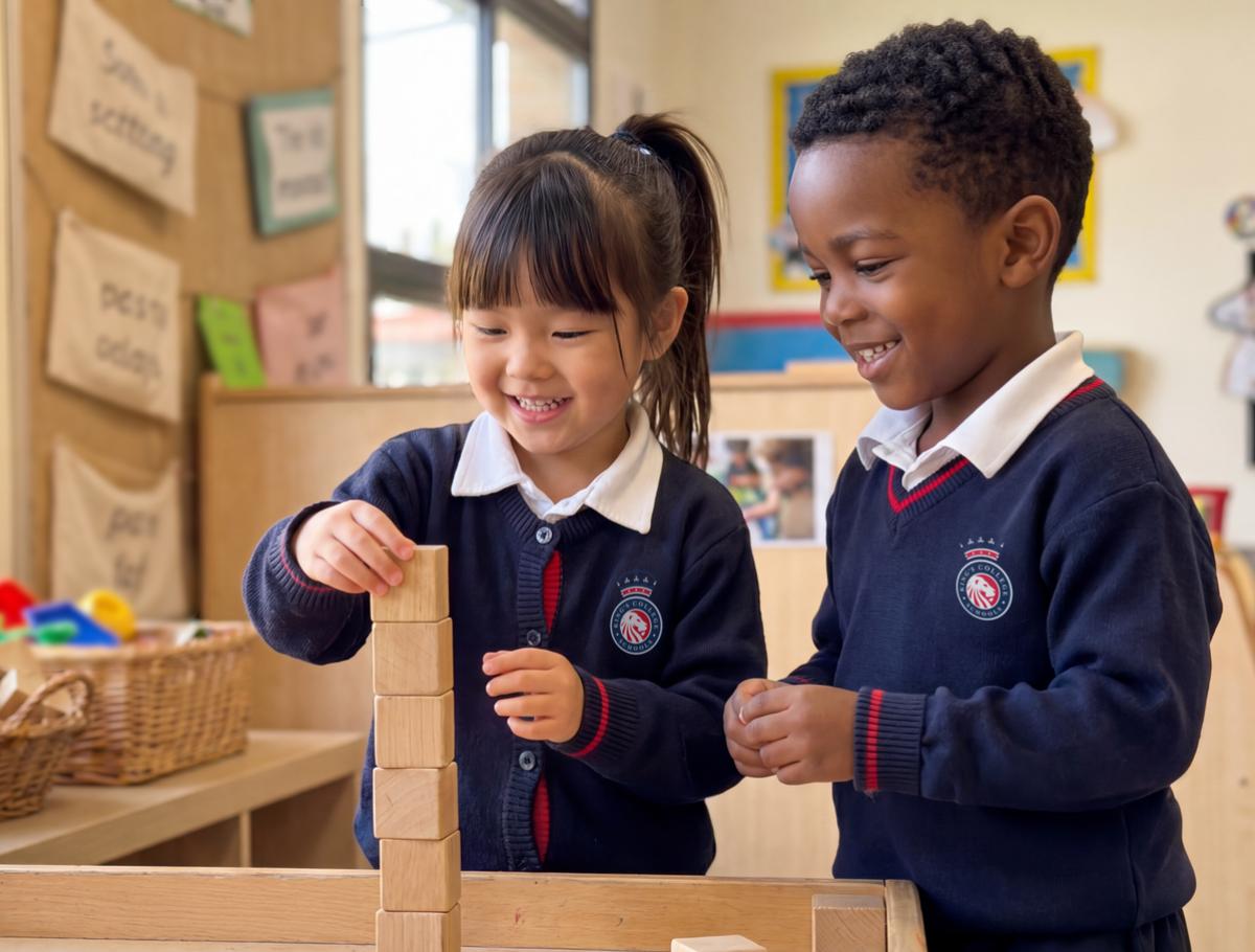 Nursery students building with construction blocks alongside their teacher at King's College, Alicante's Preschool